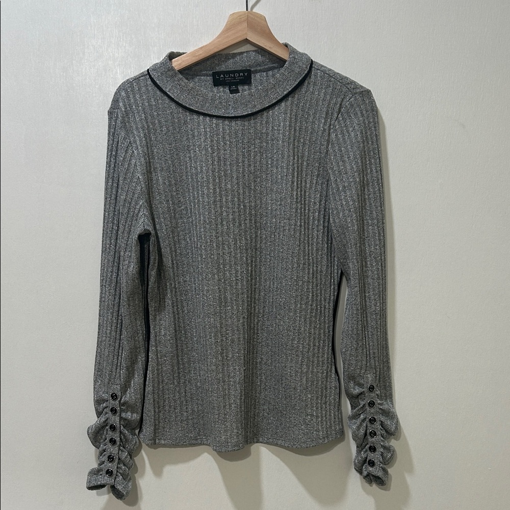 LAUNDRY BY SHELLI SEGAL GRAY RIBBED BLOUSE LONG SLEEVE Sz LG